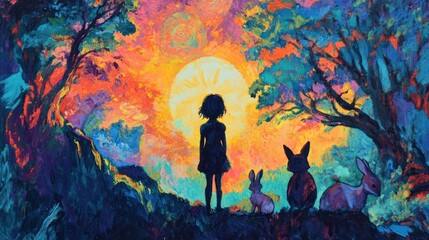 Wall Mural - A vibrant, surreal landscape featuring a child and animals against a colorful sunset.