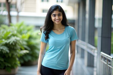 Indian Woman in Light Blue T-Shirt with Natural Pose
