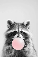 Adorable raccoon blowing a pink bubble gum bubble against a monochromatic background, capturing a whimsical and playful animal moment.