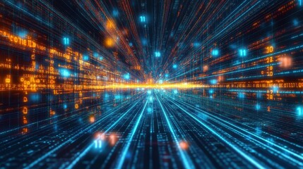 Stream of binary code, flowing zeros and ones in motion, visualizing the intricate coding and data processing of modern technology