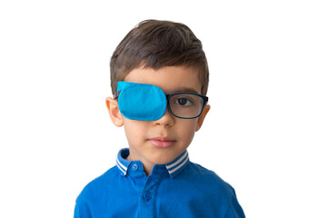 boy in glasses with eye patch. occluder, lazyeye, amblyopia, strabismus. vision testing concept. rev