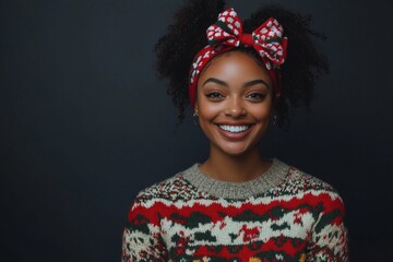 Wall Mural - Smiling woman in ugly Christmas sweater.	