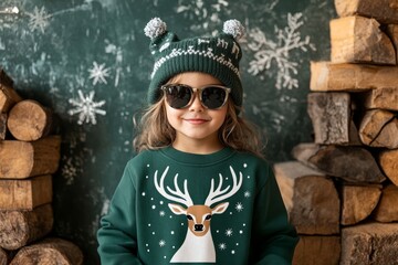 Wall Mural - Girl wearing green sweater with a white Christmas pattern and a deer head.