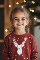 Wall Mural - Girl wearing red sweater with a white Christmas pattern and a deer head.