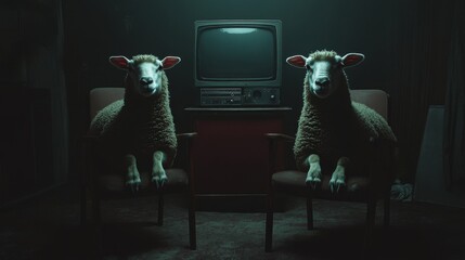 Two sheep watching tv in a dark room. Symbolize the concept of propaganda and fake news.