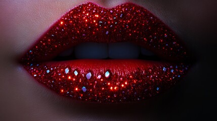 Wall Mural - A close up of a woman's lips covered in red glitter