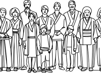 Wall Mural - continuous line drawing of a diverse group of standing Japanese people