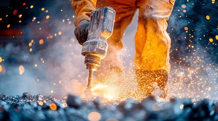 Craftsman using a rotary hammer drill to install heavy-duty hardware in a construction project Stock Photo with side copy space