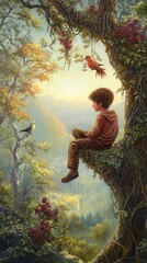 Wall Mural - A boy sits on a tree branch, surrounded by vibrant nature and birds, reflecting tranquility.