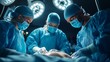 © ifoto - A group of surgical medical doctors in blue scrubs and masks, performing complex thrombotic medical operations on patients during night operations.