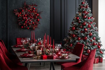 Wall Mural - Elegant christmas dining room decor with red and black theme and festive tree