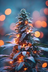 Cannabis Christmas Tree Bokeh Lighting Backdrop THC CBD Hemp Marketing Background Concept, Dispensary Holiday Wallpaper