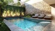 © PRIMPROW - Modern backyard swimming pool with a glassy surface, surrounded by polished stone tiles, green plants, and sleek seating.