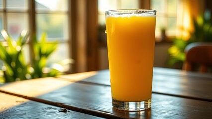 Wall Mural - A Glass of Orange Juice on a Wooden Table with a Window and Sunlight Streaming In