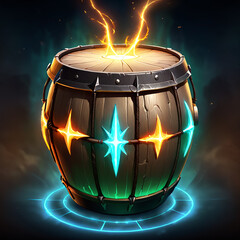 A wooden barrel with a metal band around its middle, glowing with magical energy. Four glowing stars, two blue and two yellow, adorn its sides. A ring of light surrounds the base.