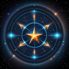 A glowing golden star is at the center of a blue circular compass, surrounded by glowing lines and points, set against a dark starry night sky.