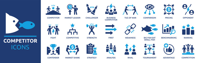 competitor icon set. containing competition, opponent, market leader, advantage, strengths, weakness