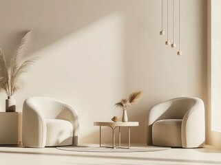 Minimalist living room interior design with two armchairs. a coffee table. and a vase with dried flowers