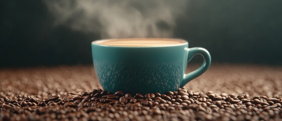 Floating Coffee Cup with Steam Above Coffee Beans