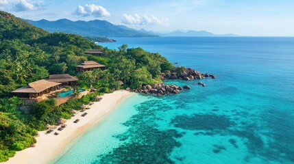 A bird's-eye view of a luxurious tropical island with crystal-clear waters and pristine beaches, symbolizing paradise and exclusivity