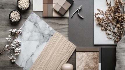 Elegant architect moodboard flat lay composition in light grey, black, and brown color palette with textile and paint samples, wooden panels, and marble tile. Top view. Copy space template