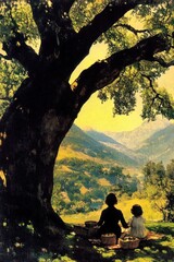 Wall Mural - Two children sitting under a large tree, gazing at a scenic mountainous landscape.