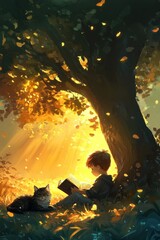 Wall Mural - A boy reading under a tree with a cat, surrounded by autumn leaves and warm sunlight.