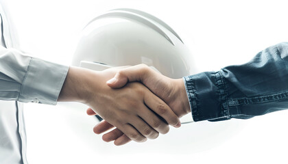 Architect in hard hat with draft greeting someone on white background