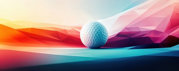 A digitally rendered golf ball on a vibrant abstract landscape, featuring bold colors and dynamic shapes that evoke motion and energy in the sport of golf.