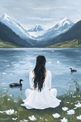 Wall Mural - A serene woman in a white dress sits by a lake surrounded by mountains and ducks.