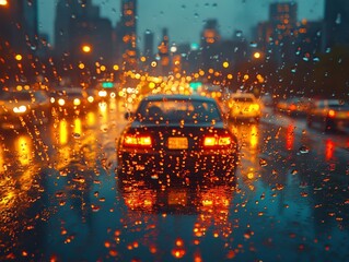 Raindrop Reflection, vibrant city lights shimmer in a macro view on a car windshield, capturing urban ambiance and nature's beauty