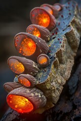 Wall Mural - Glowing orange mushrooms growing on a log. AI.