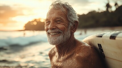 Smiling elderly man with mustache enjoying the beach at sunset, radiating warmth and happiness with the serene seaside background and golden light.