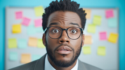 Surprised man in glasses with sticky notes background, expressing shock or realization in office setting.