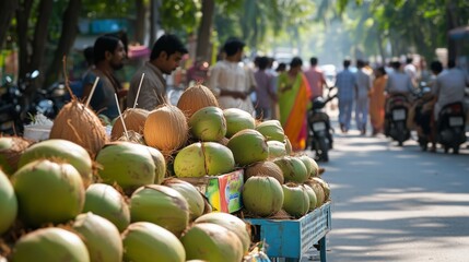 Bustling street market in India displaying fresh coconuts, with people and motorbikes in the background under warm sunlight.