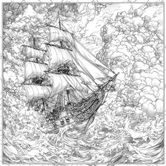 Wall Mural - An adventurous pirate ship sailing through stormy seas, anime coloring page for kids, simple outline illustration. Coloring book, simple lines.