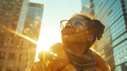 A woman in winter attire gazes upward amidst urban skyscrapers, illuminated by soft, golden sunlight creating a hopeful ambiance.