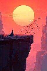 Wall Mural - A silhouette stands on a cliff at sunset, surrounded by flying birds in a serene landscape.