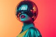 © RaptorWoman - Stylish woman in a disco ball helmet against a vibrant gradient background, combining retro and futuristic fashion aesthetics.