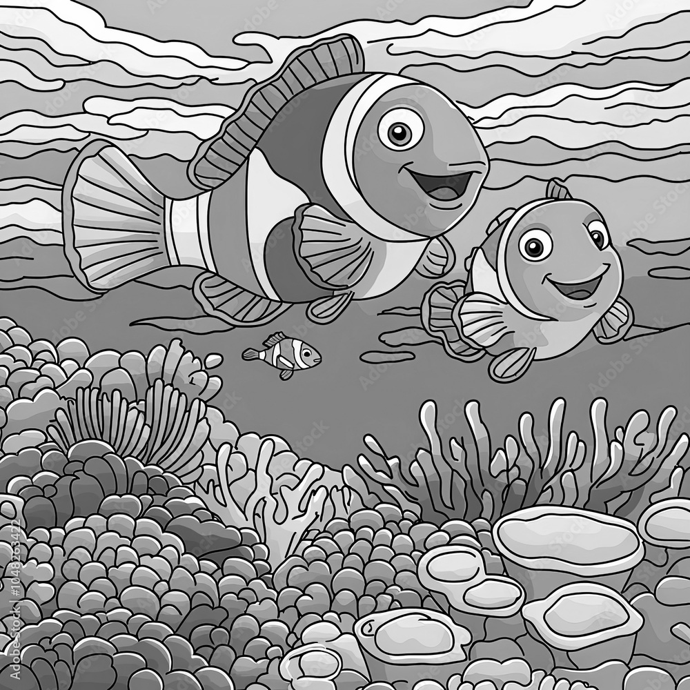 Underwater scene with colorful fish and corals, coloring page for kids ...