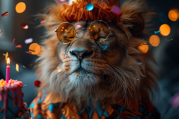 Whimsical Celebration: A Stylish Lion in Sunglasses Surrounded by Colorful Confetti and Birthday Candles, Exuding Joy and Festivity.