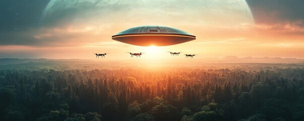 alien spaceship hovering above a forest-covered planet, scouting drones being deployed, planetary su