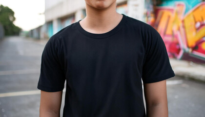 Young Model Shirt Mockup, Boy wearing black t-shirt on street in daylight, Shirt Mockup Template on hipster adult for design print, Male guy wearing casual t-shirt mockup placement