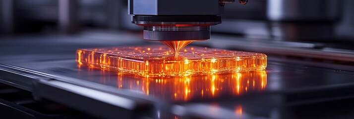 Leinwandbilder - A close-up view of a sophisticated laser cutting machine in action at a modern,high-tech industrial production facility. The machine is precisely cutting through metal using a powerful.