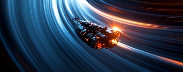 Futuristic spaceship in orbit around a binary star system, intense light effects and gravitational anomalies, sci-fi simulation