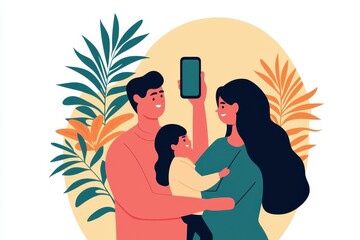 Happy family together, showing smartphone, surrounded by green plants.