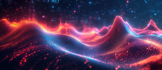 Wall Mural - Abstract Digital Landscape with Red and Blue Glowing Particles