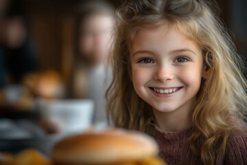 Canvas Print - Family Sitting Near The Table With The Only One Burger