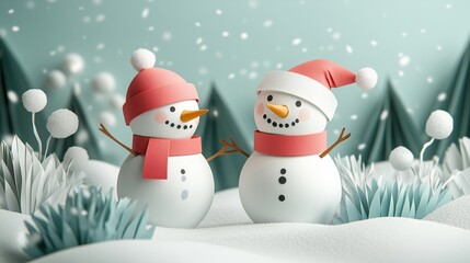 two cheerful snowmen wearing red hats and scarves stand in a snowy landscape, surrounded by white tr