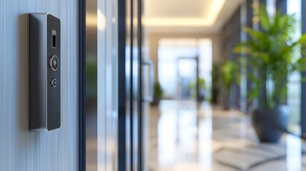 A smart apartment entryway with a video doorbell and keyless entry system. The clean background offers ample space for branding or text on the right.